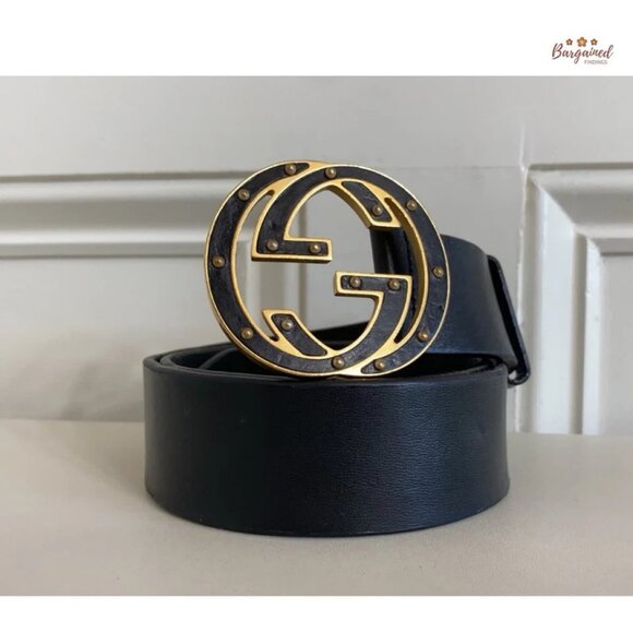 Authentic Gucci Black Leather Gold Studded Interlocking G Buckle Belt Size 80/32 - Picture 12 of 13